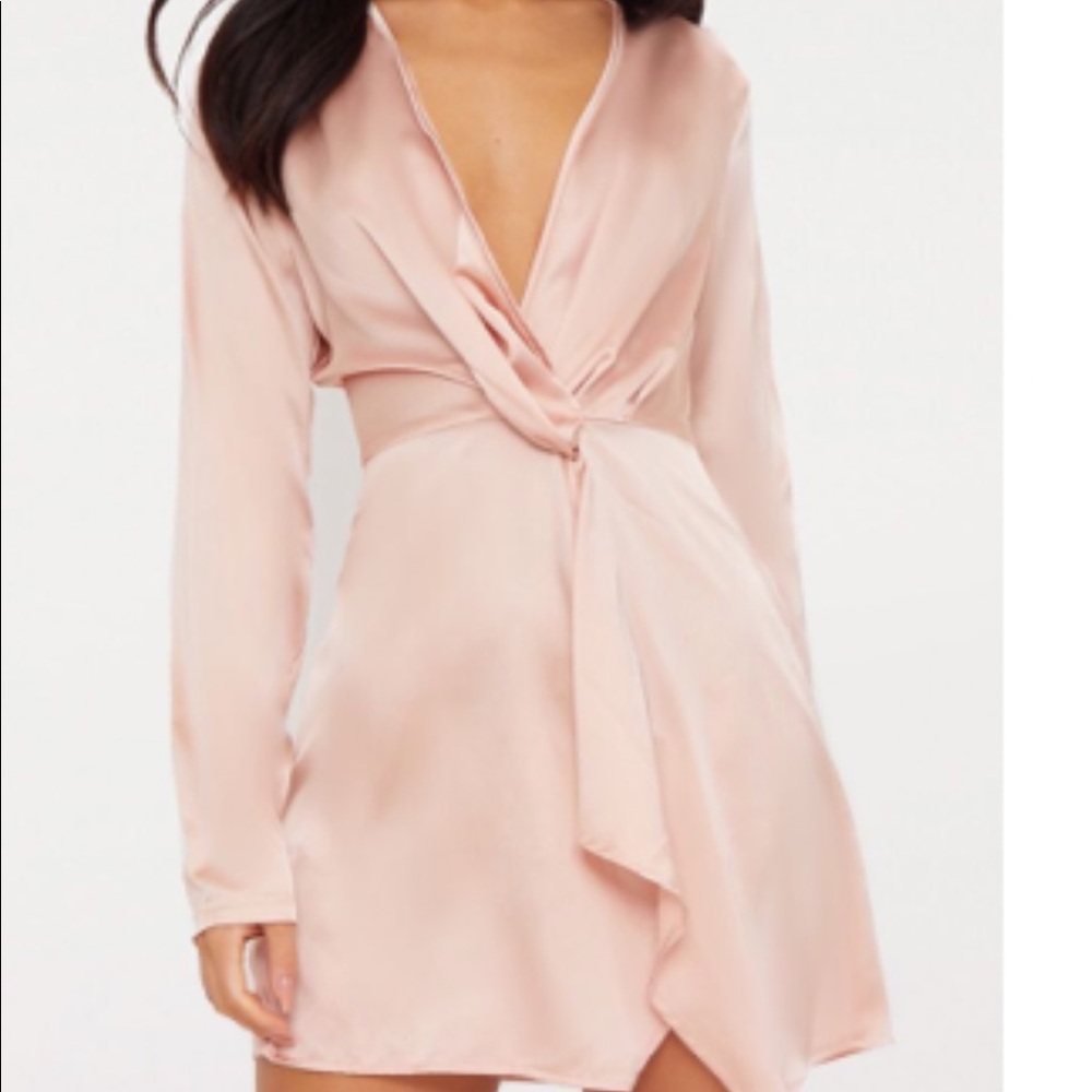 Nude satin long sleeve wrap dress NWT